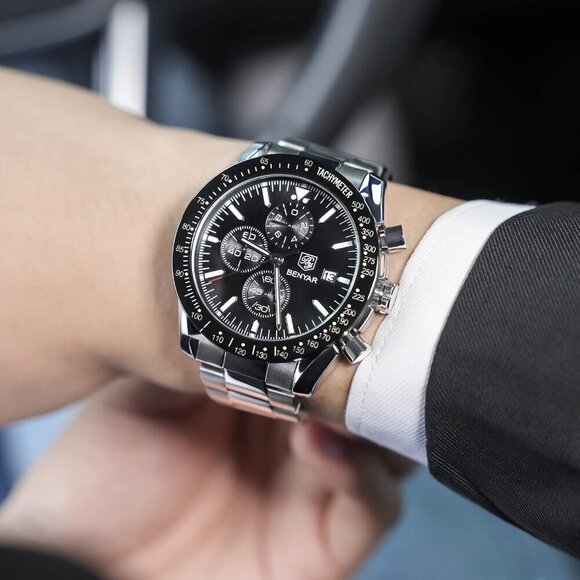 BY BENYAR Men's Silver Analog Quartz Chronograph Watch 30M Waterproof Luminous - Picture 7 of 8